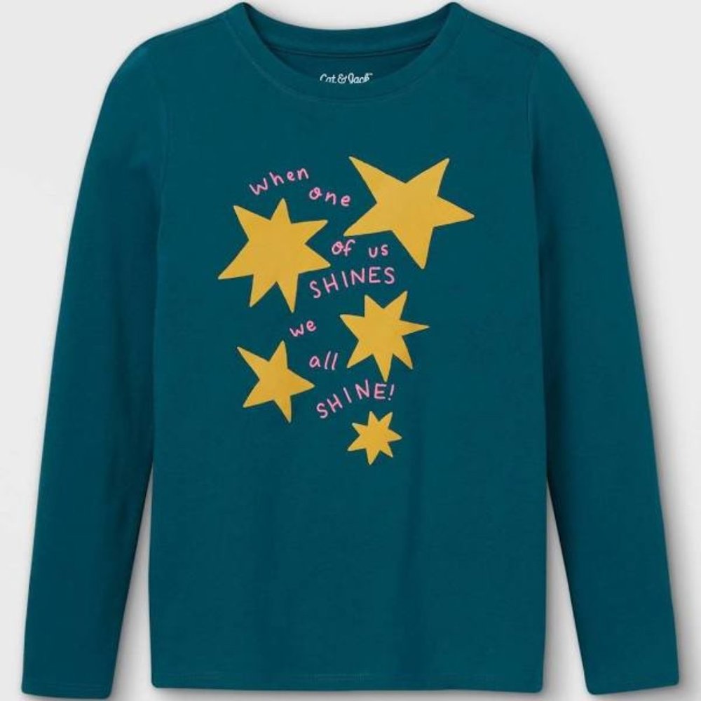 Cat & Jack Girls' T-Shirt Shine Stars Graphics Teal Size Large 10/12